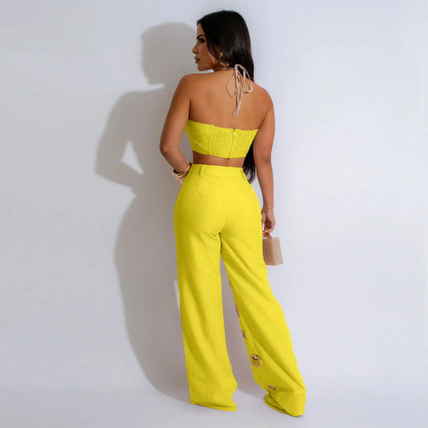 Beacon Falls Sleeveless Strapless Wide Leg Hole Hollow Out Two Piece Set