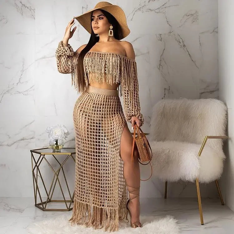 Off Shoulder Tassel Hollow Out Beach Set
