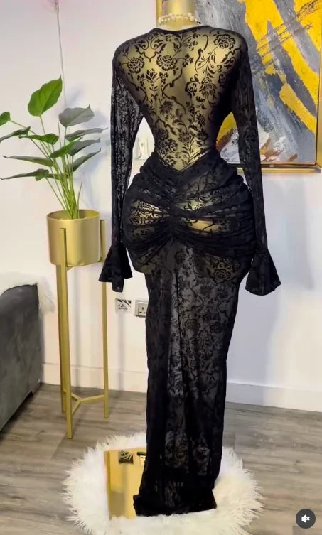 Peru Long Sleeve Stacked Mesh See Though with Lining Bodycon Long Dress