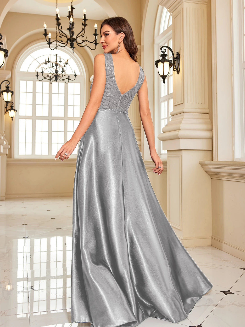 Oklahoma Elegant Sequins Evening Deep V-neck Satin Prom Party Dress