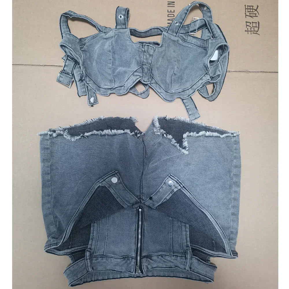Temblant Straps Crop Cut Out Clothes Streetwear Two Piece Club Outfits Set