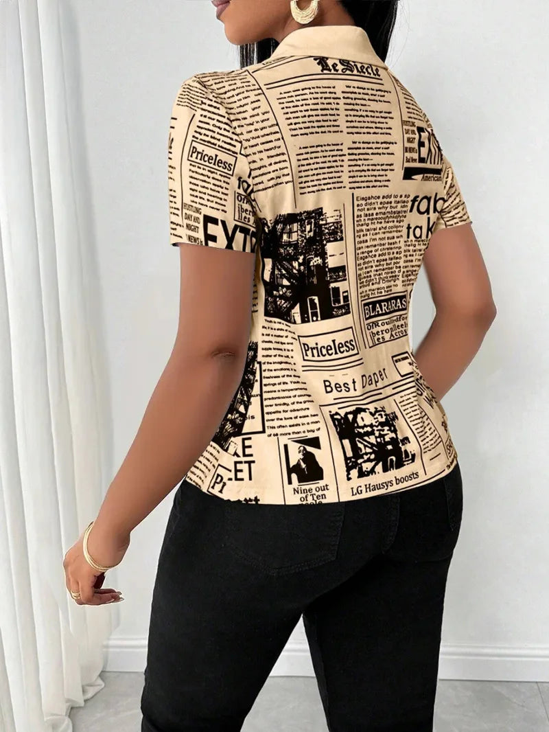 Pluto Elegant Fashion Newspaper Pattern Print Single Breasted Short Sleeve Tops