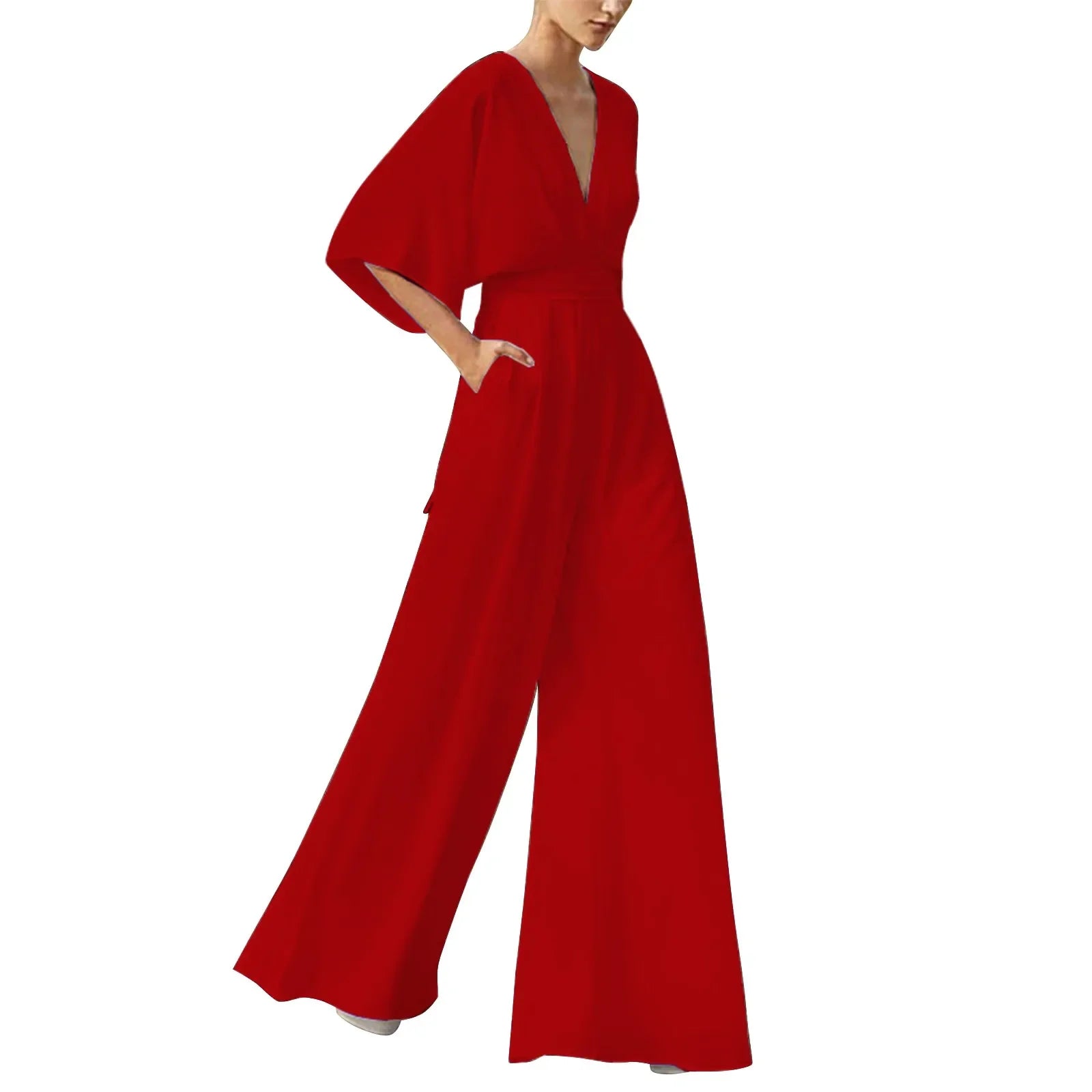 Deep V-Neck Half Solid Casual One-Piece