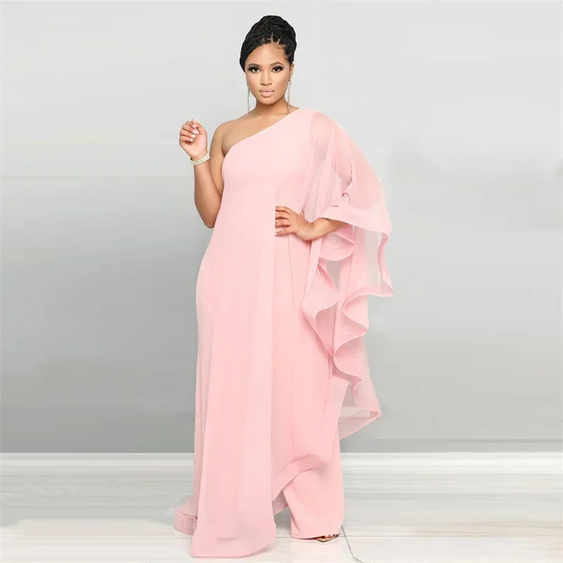 Oldwick Elegant Chiffon One Shoulder Wide Leg Jumpsuit
