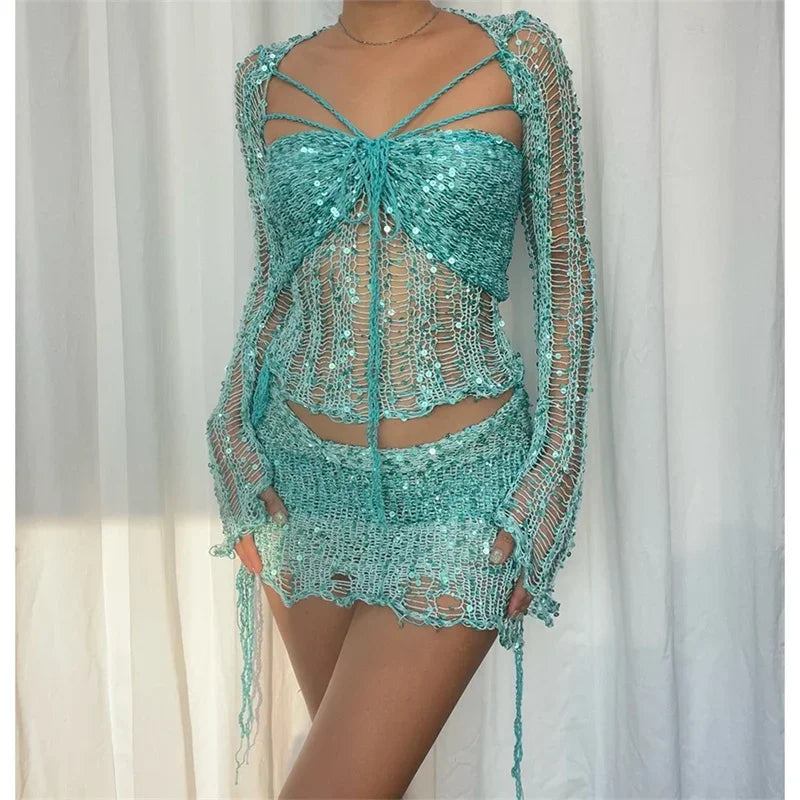 Ismel Glitter Sequins Knitted Two Piece Sets