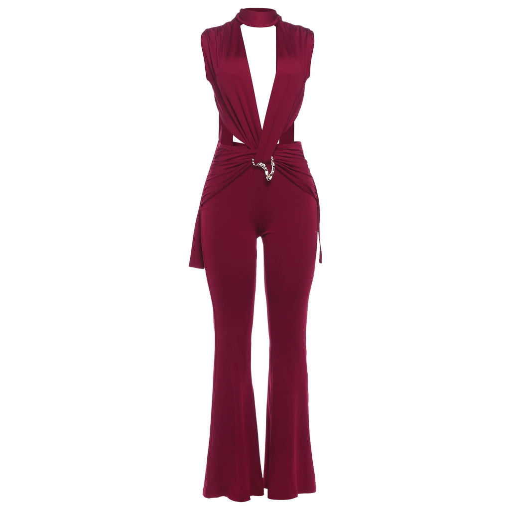Syracuse Ruched Waistless Metal Cross Hollow Bandage Coquette Midnight Jumpsuit