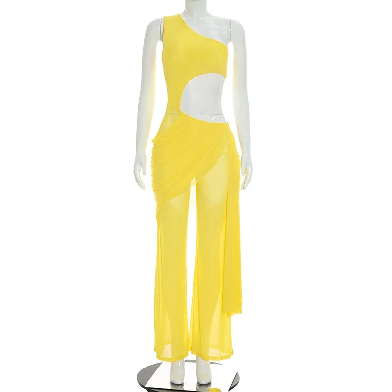 Alabama Mesh See Through One Shoulder Cutout Waist Jumpsuit Draped Overlay