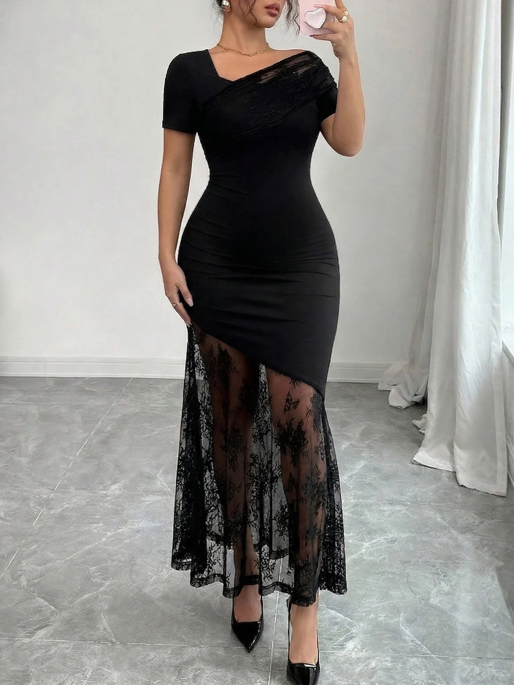 Manhattan Plus Size Black Asymmetric Neck Lace Patchwork Bodycon Mermaid Dress