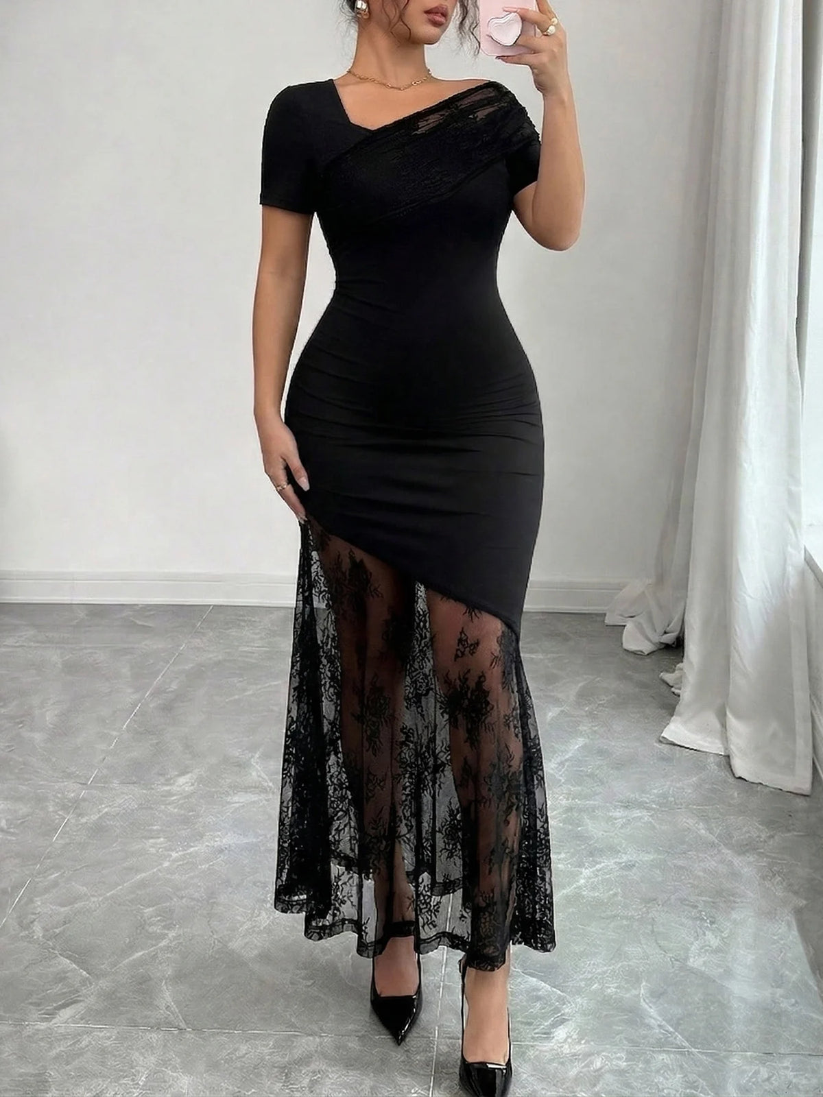 Manhattan Plus Size Black Asymmetric Neck Lace Patchwork Bodycon Mermaid Dress