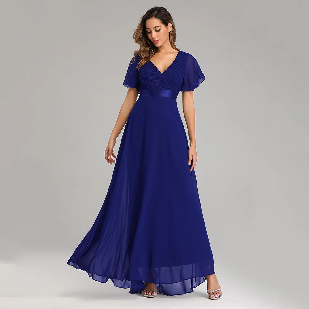 Kerney Elegant V Neck Ruffles Chiffon Formal Evening Gown Dress