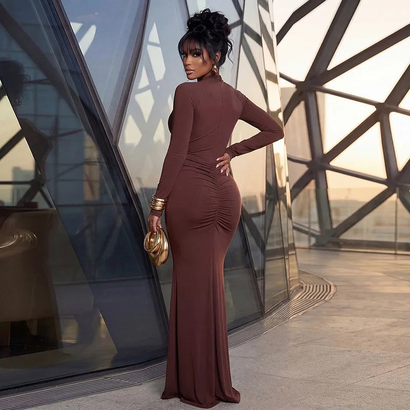 Bedford Turtleneck Hollow Out Chest Wrapped Long Sleeve Pleated Bodycon Long Dress