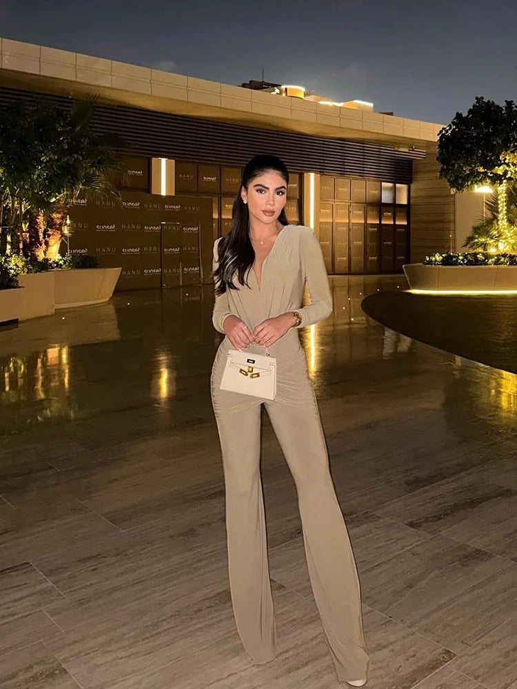 Rochester Puss Cross Ruched Patchwork Deep v-Neck Elegant Jumpsuit