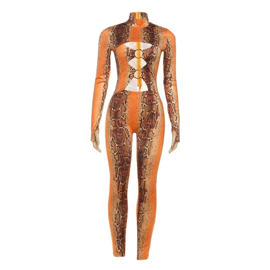 Canarsie Hollow Serpentine Print O Neck Full Sleeve Skinny Peach Hip Jumpsuit