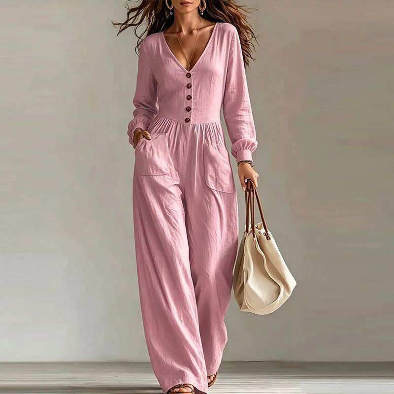 Elegant Woman Jumpsuit V Neck Long Sleeve Button Playsuits Female Casual Overalls White Long Jumpsuits For Women Outfits White