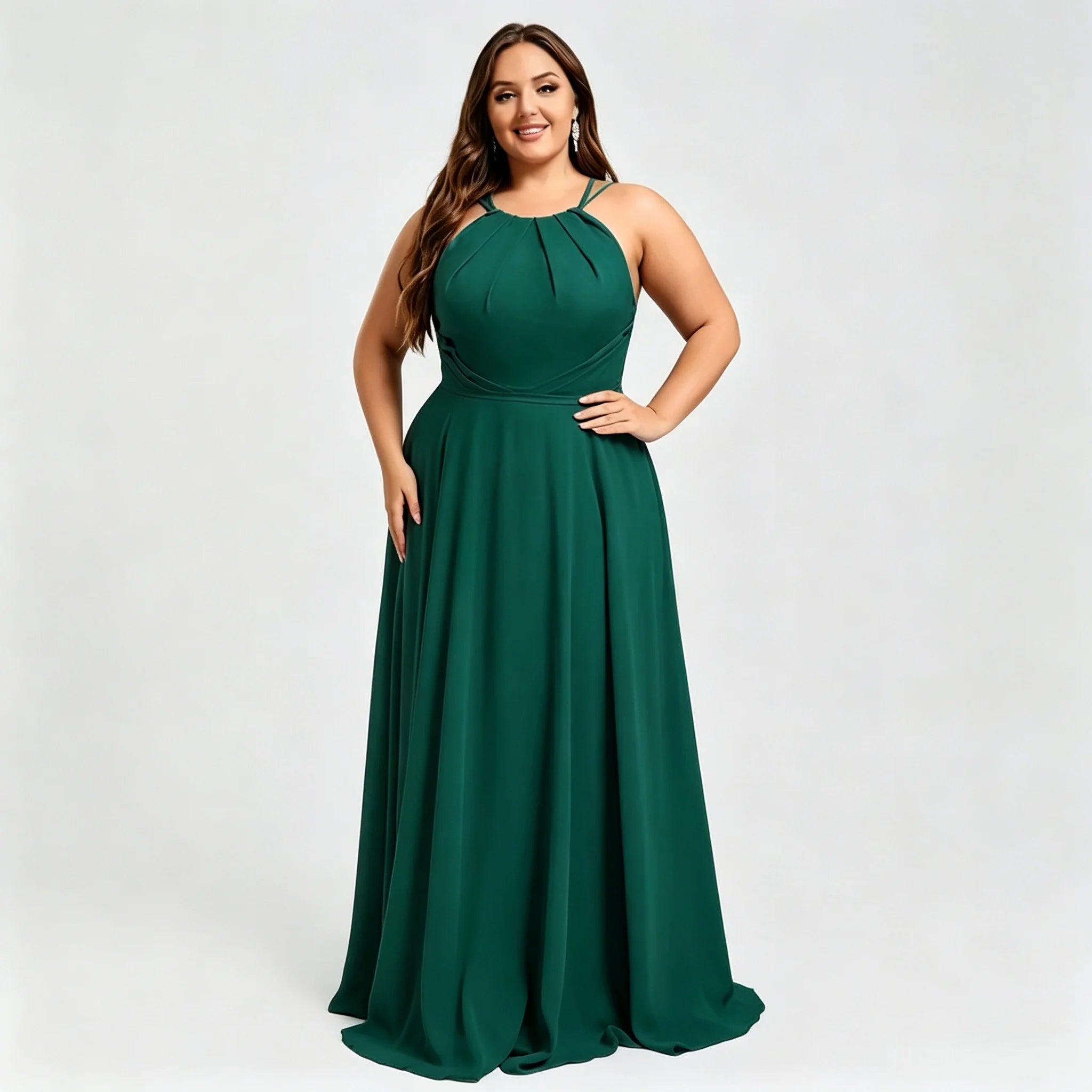 Los Mina Plus Size Halter Chiffon Bridesmaid Spaghetti Straps A Line Maxi Dress
