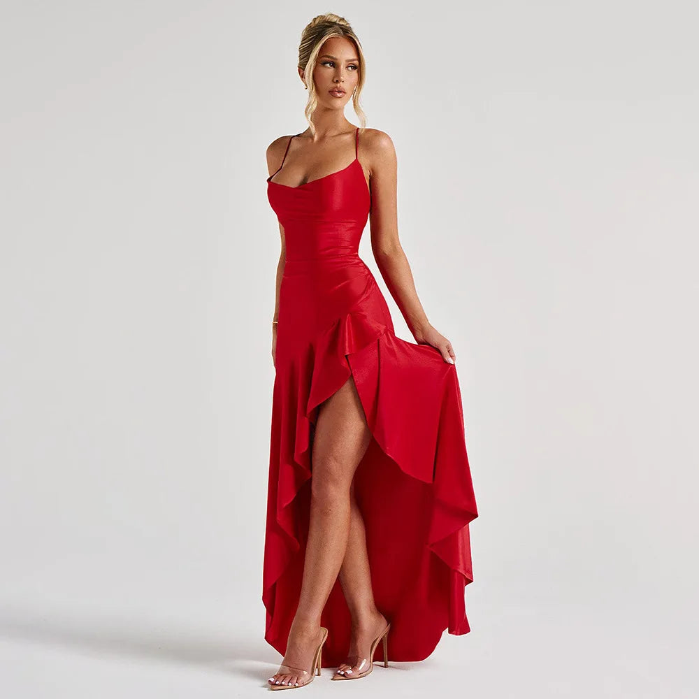 Stony Point Satin Long Dr with High Slit And Lace Trim Charming Dress