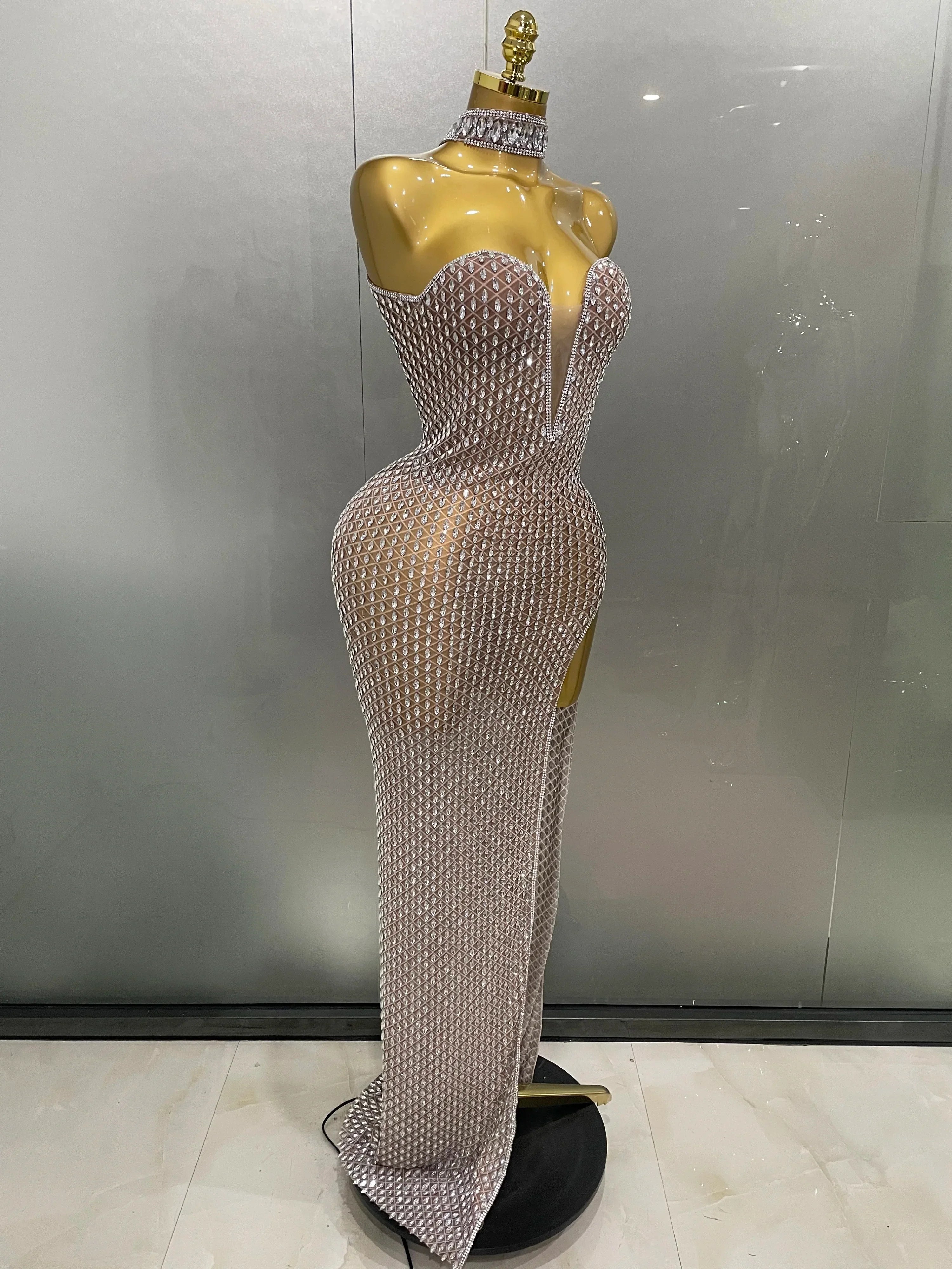 Frederick Full Rhinestones Mesh Transparent Long Elegant Dress