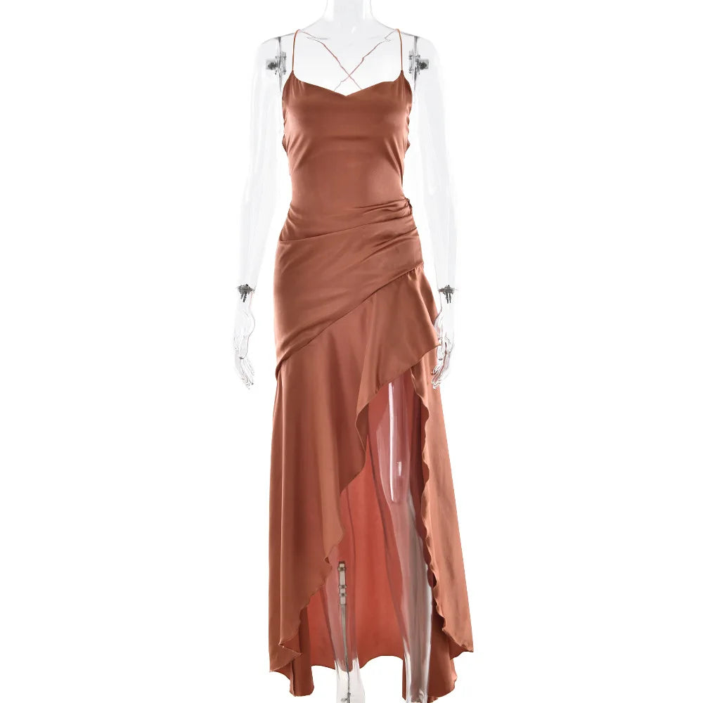 Stony Point Satin Long Dr with High Slit And Lace Trim Charming Dress