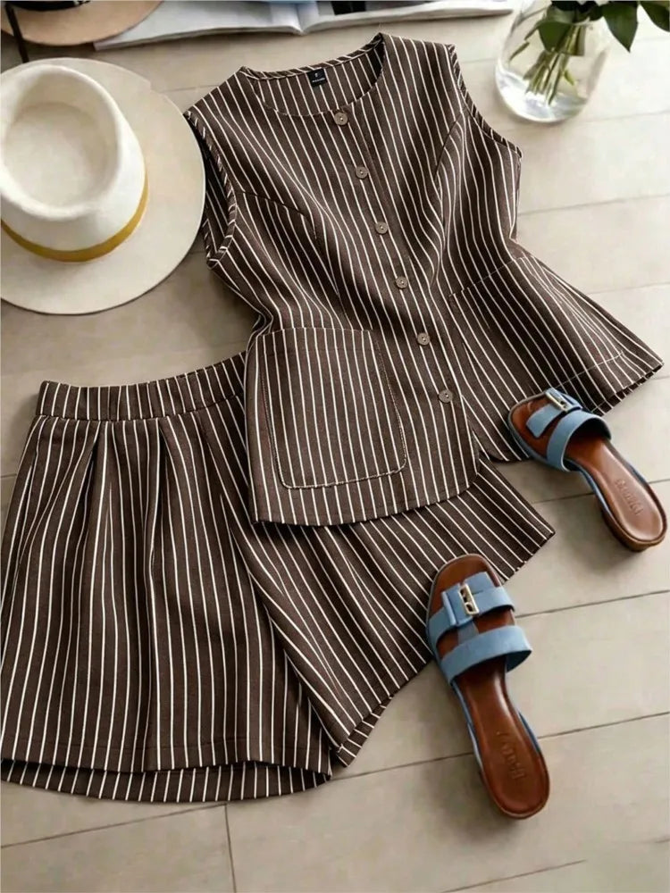 Yudy Summer New Striped Sleeveless Two Piece Sets