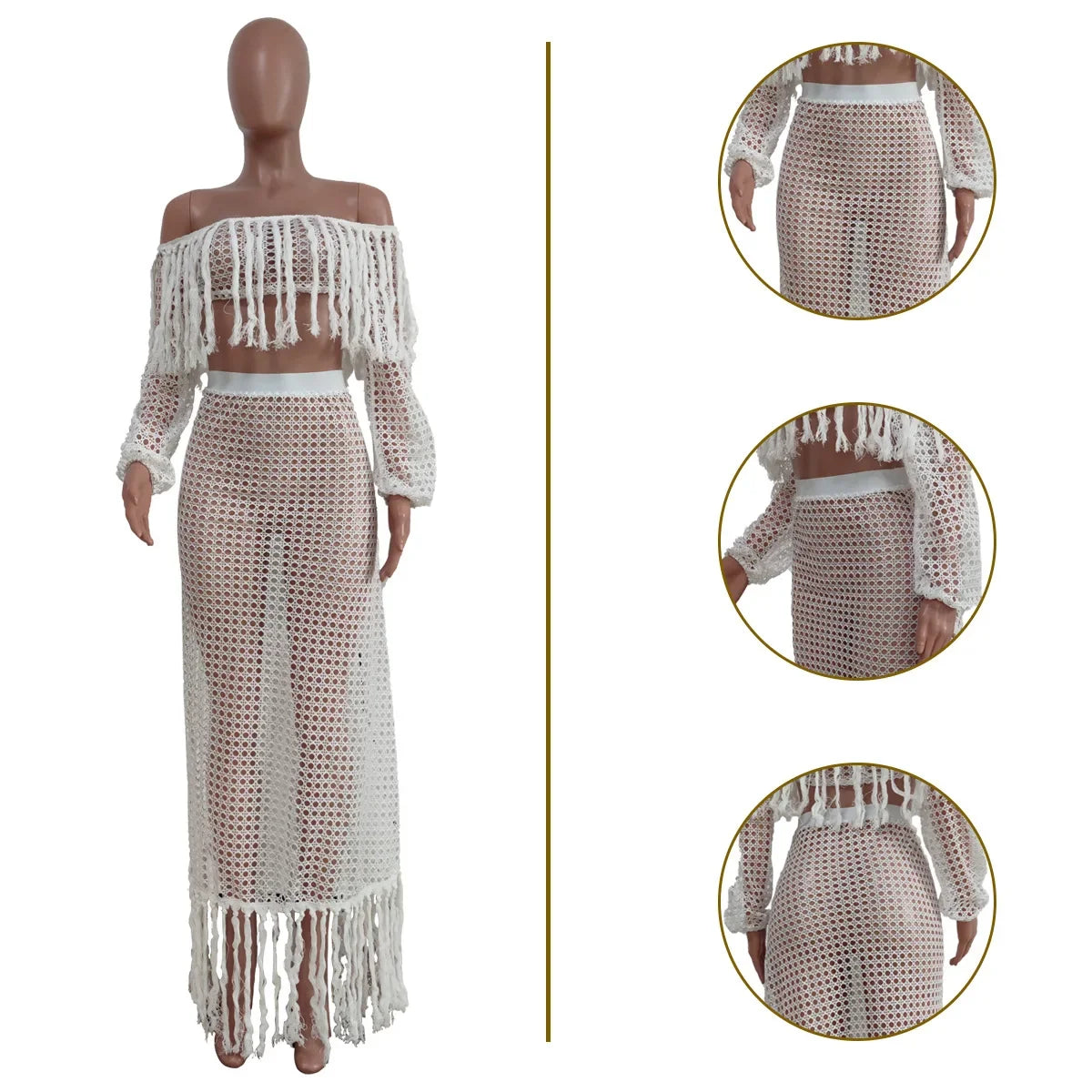 Off Shoulder Tassel Hollow Out Beach Set