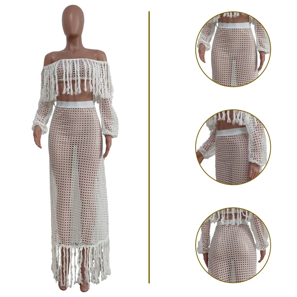 Ledyard Beach Long Off Shoulder Tassels Sexy Hollow Out Ensemble Set