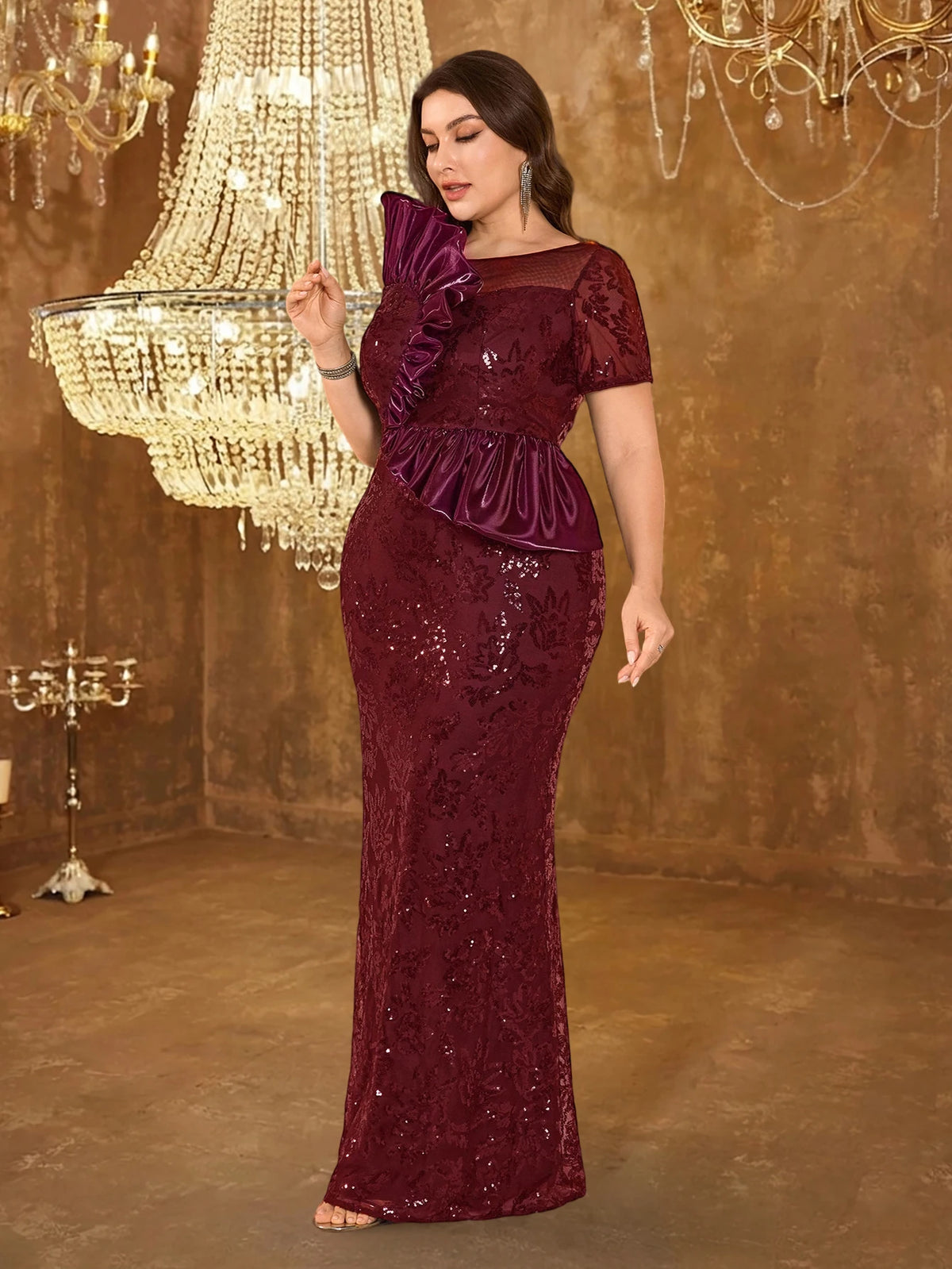 Paris Plus Size Black Luxury Ruffled Sequins Evening Elegant Long Sleeve Mermaid Dress