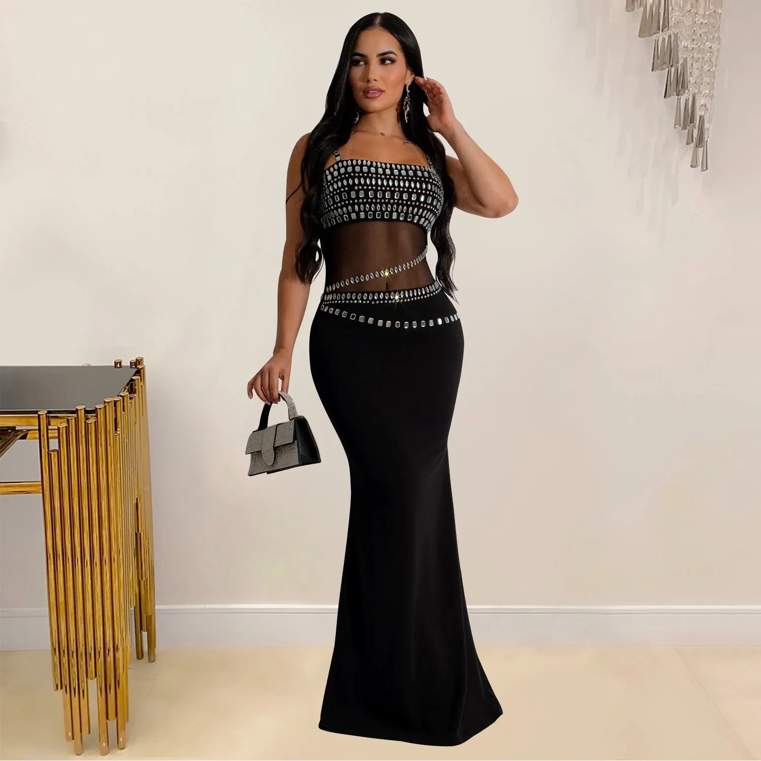 Stamford Diamond Mesh Sexy Transparent Lace Party Elegant Maxi Dress