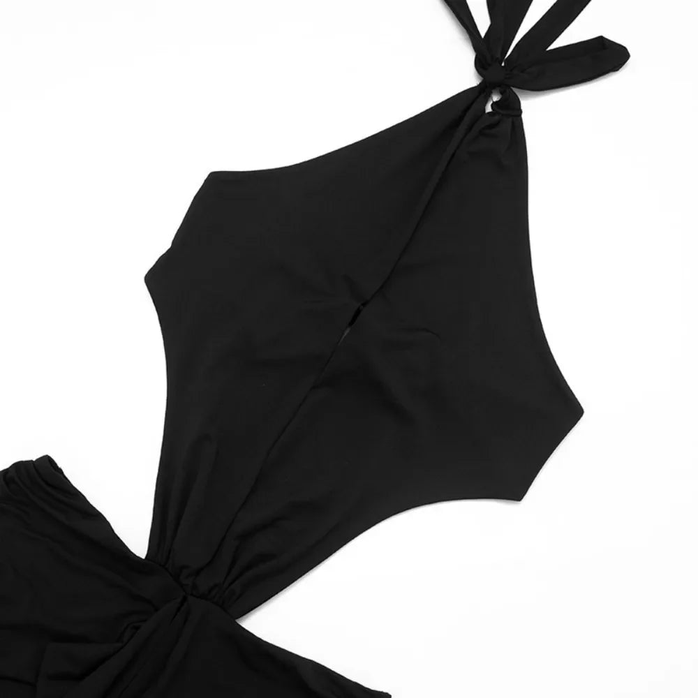 Ancram Hollow Backless Sexy Halter Deep V Neck Sleeveless Ruched Patchwork Dresses