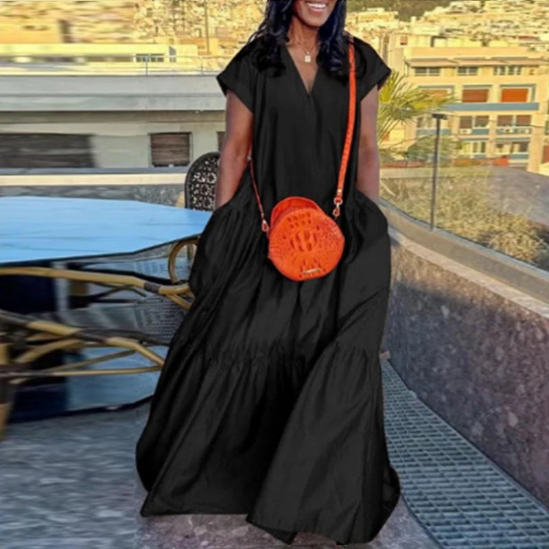 Plus Size Bohemian Sundress Solid Color Casual Short Sleeve Party Ruffled Dress