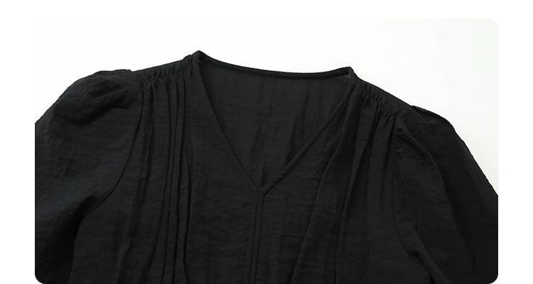 French Style Vintage V Neck Puff Sleeve Solid Black Loose Long Dress