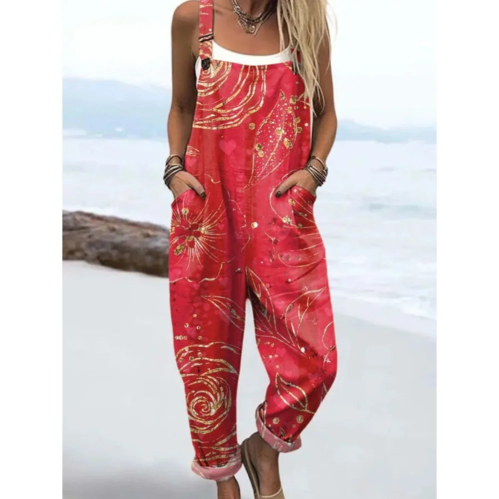 Summer Floral Romper Overalls Breathable & Comfortable Women's Jumpsuit with Pockets Adjustable Straps Romper for Streetwear