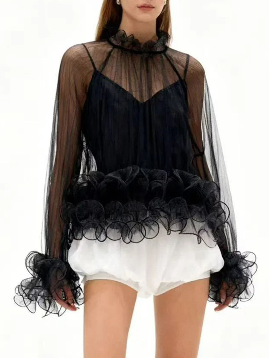 Quakertown Solid Sheer Spliced Fungus Folds Fashion Blouses