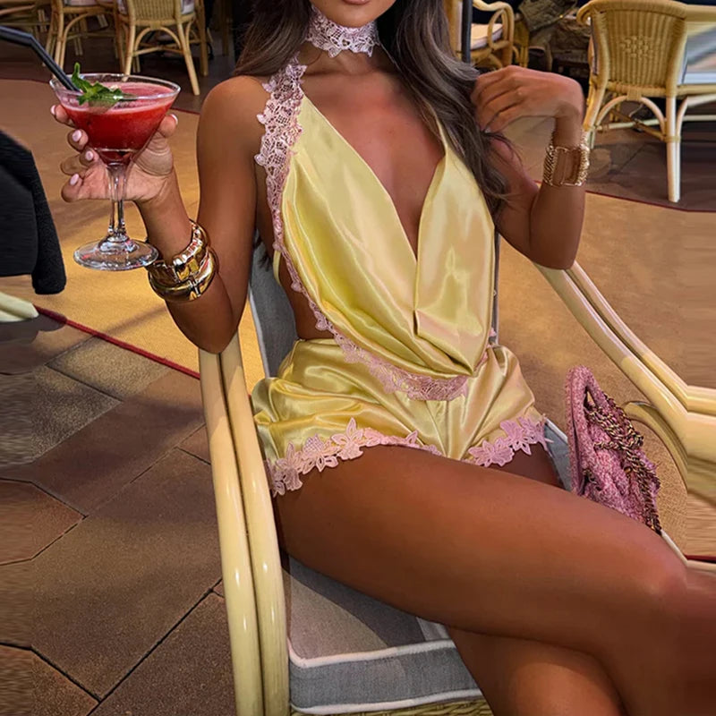 Penelope Casual Lace Splice Hanging Neck Two Piece Sets