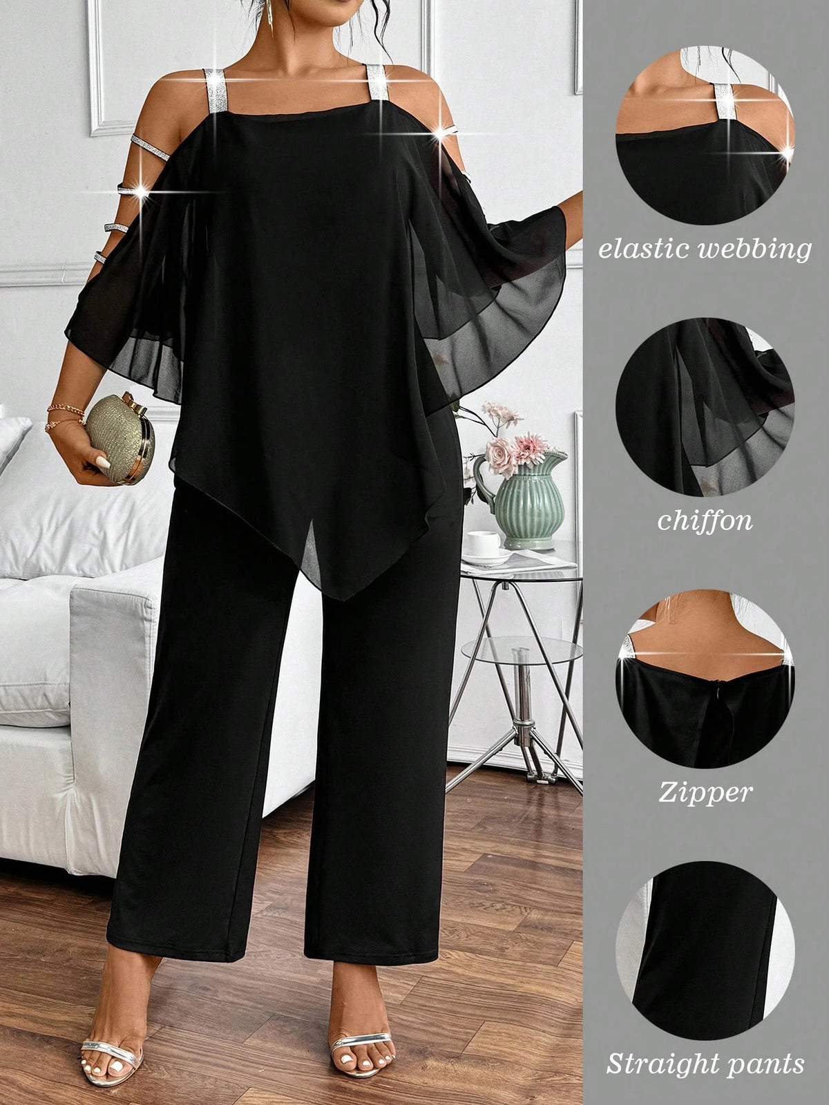 Plus Size Jumpsuit Women Cold Shoulder Chiffon Flare Sleeve Wide Leg Jumpsuit