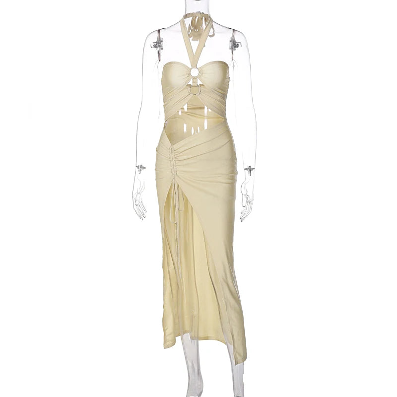 Honolulu Satin Solid Halter Backless Draped Hollow Out Shirring Bandage Slim Maxi Dress