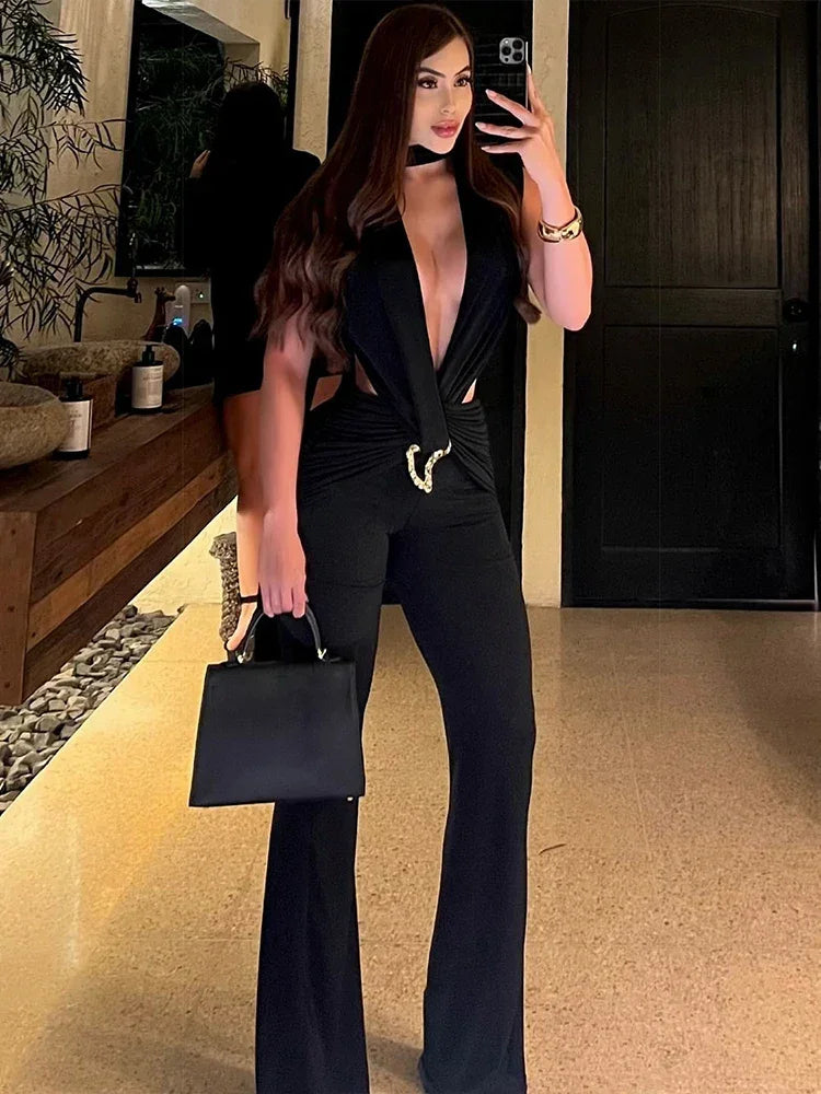 Syracuse Ruched Waistless Metal Cross Hollow Bandage Coquette Midnight Jumpsuit