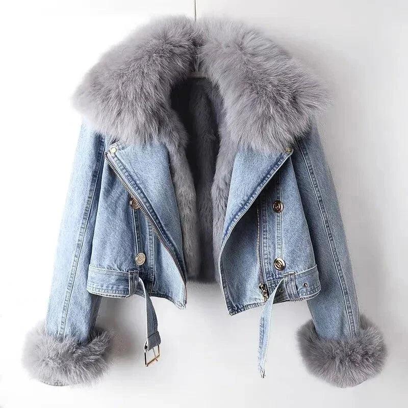 Tobyhanna Faux Fox Fur Collar Short Warm Parkas Rabbit Hair Lining Outwear Jacket