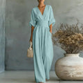 Women's Jumpsuit Fashion High Waist V-neck Casual Jumpsuits Sexy Solid Color Office Wide Leg Trousers Overalls Linen Chic