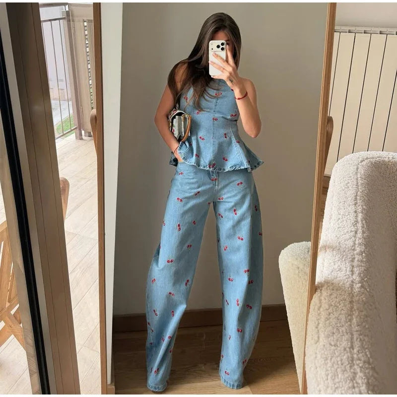 Viviana Denim Printed Sleeveless Two Piece Sets