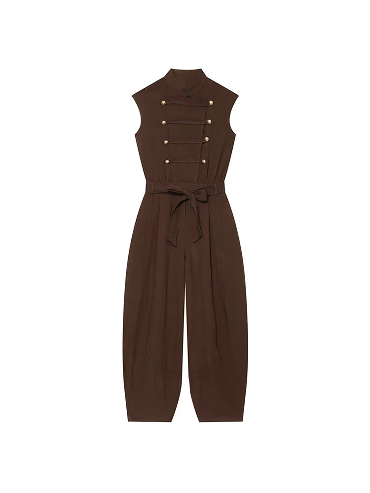 Women Long Jumpsuit 2026 Sleeveless Playsuits Elegant Solid Color Rompers Casual Stand Collar Belt Fashion Commuting Outfit