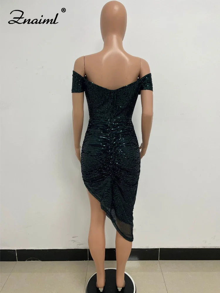 Virginia One Shoulder Bodycon Sparkly High Slit Midi Dresses