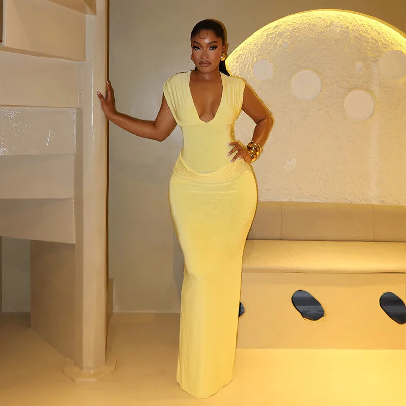 Elmora Sexy Ruched Bodycon Solid Sleeveless V-Neck Slim Long Maxi Dresses