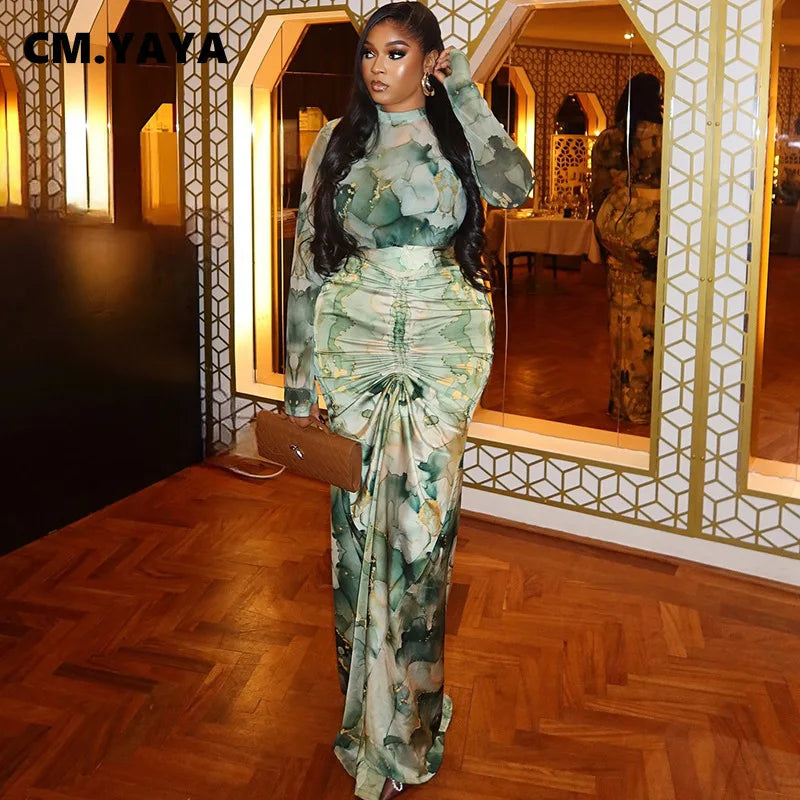 Long Sleeve Combo and Drawstring Ruched Maxi Long  Outfit Sets