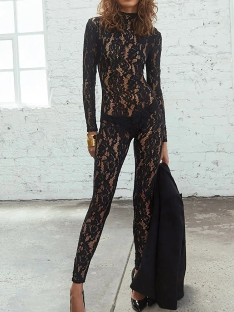New Lots Sexy Lace Transparent Tight Long Sleeved Zipper Jumpsuit