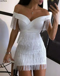 Seattle Solid Slash Neck Sleeveless Empire Tassel Sheath Mini Dress