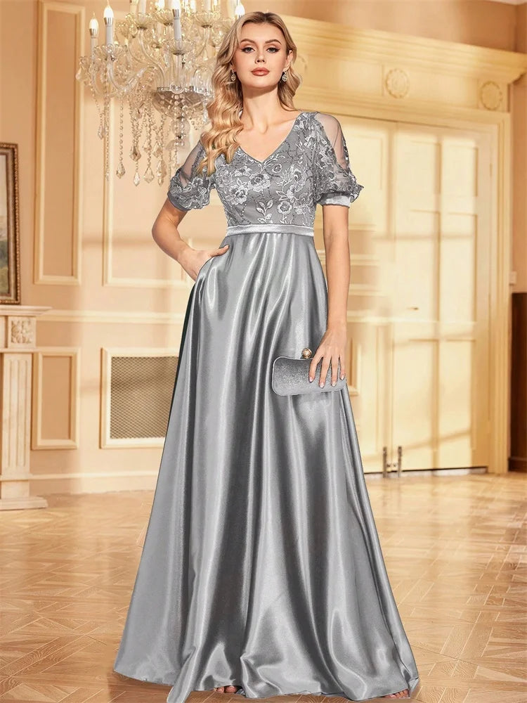 Charlotte Elegant Satin Patchwork Sequins V Neck Formal Evening Dress