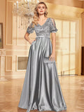 Charlotte Elegant Satin Patchwork Sequins V Neck Formal Evening Dress