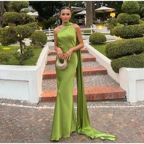 Meadville Elegant Ribbon Halter Solid Off Shoulder Sleeveless Backless Slim Maxi Dress