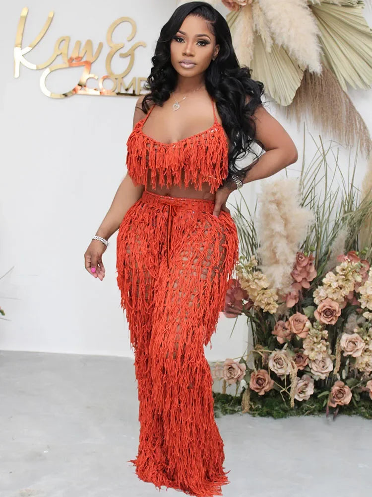 Emely Bodycon Outfit Tassel Two Piece Sets