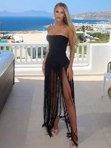 Woodhaven Strapless Patchwork Tassel Sexy Beach Clubwear Midnight Romper